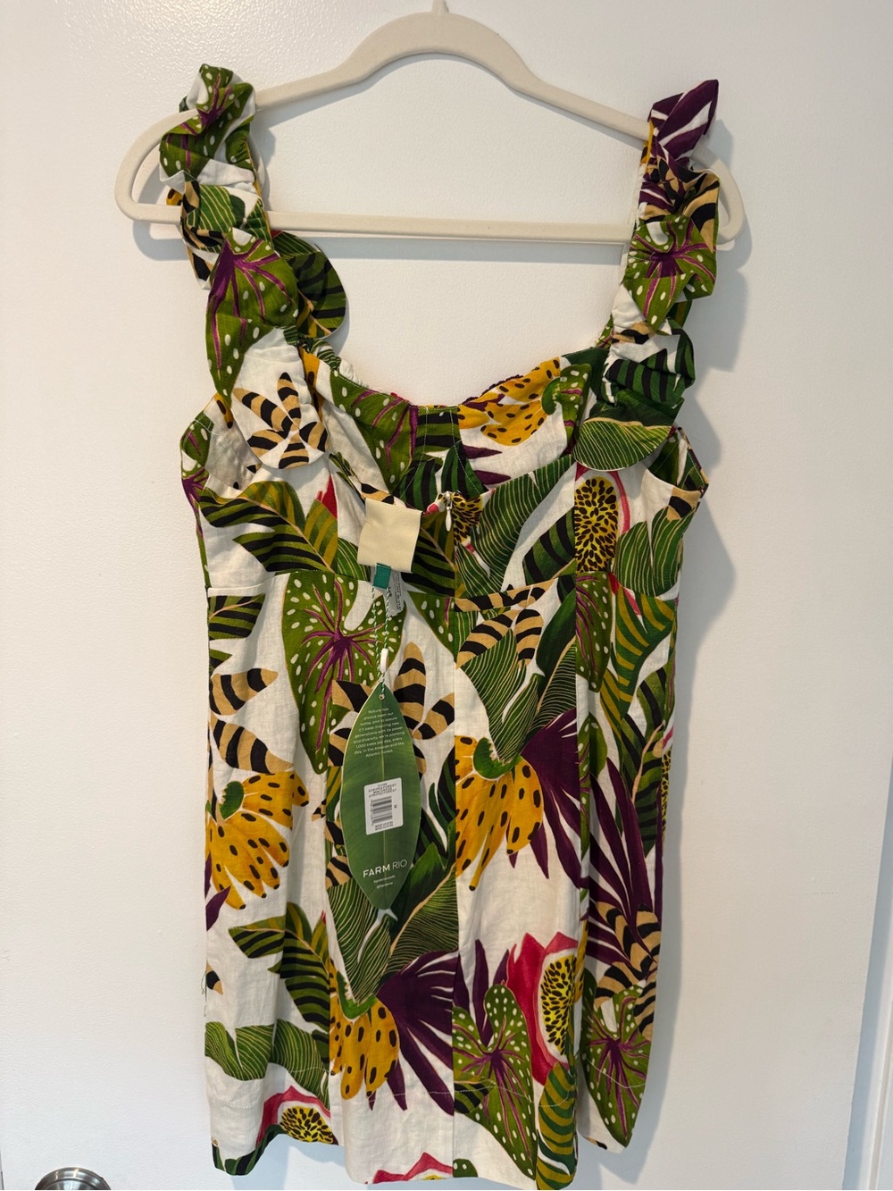 Tropical Print Ruffle Strap Mini Dress - White & Green - Picture 2 of 3